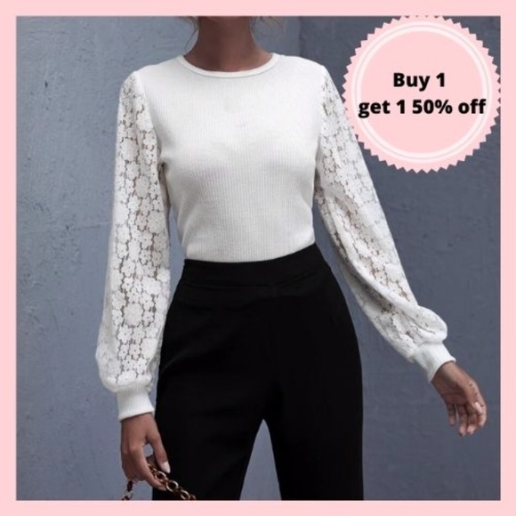 White Lace Bishop Sleeve Blouse - Picture 1 of 5